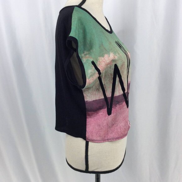 Workshop Crop Top Womens Size Medium WILD Cap Sleeve Satin Contrast Jersey Knit - Picture 2 of 7